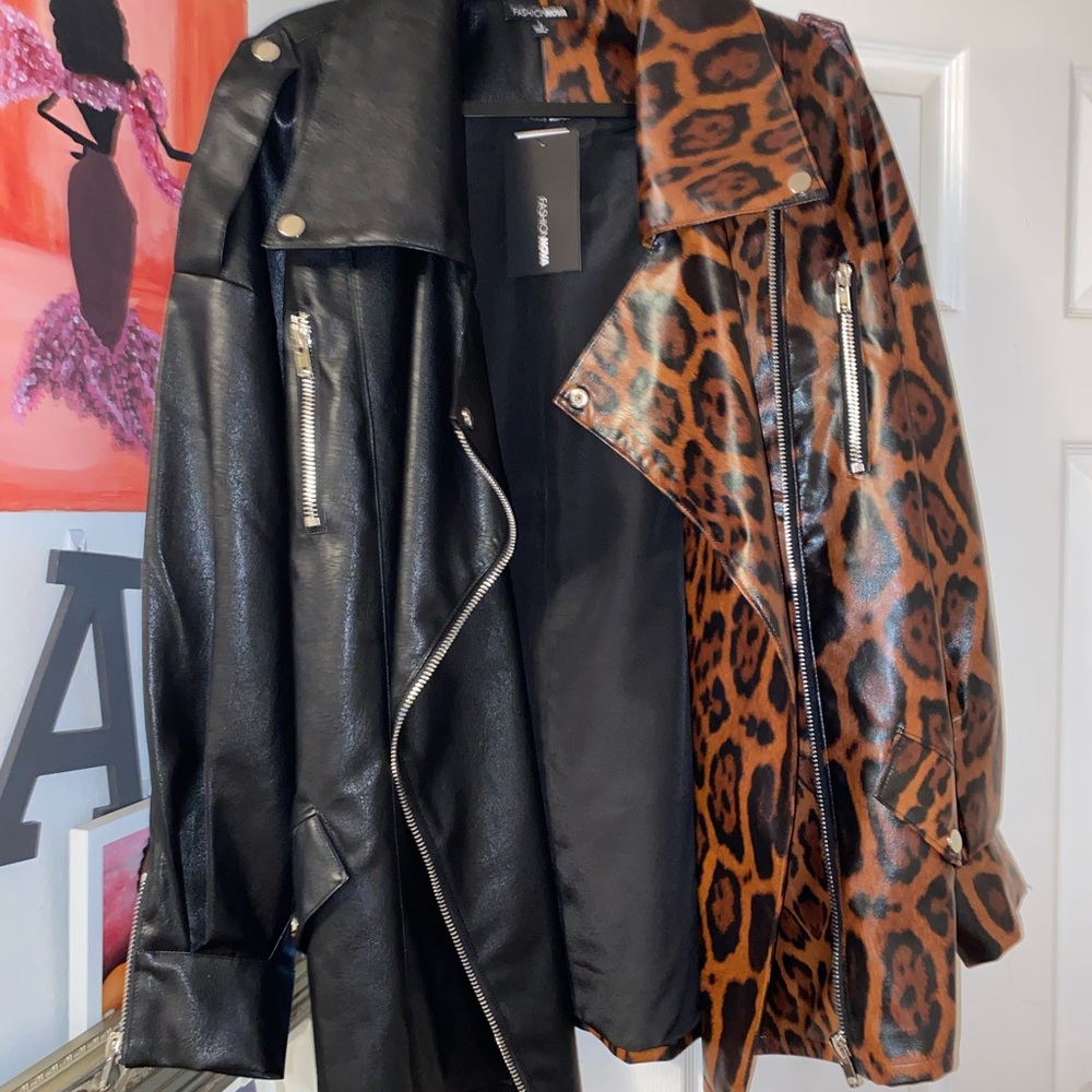 Fashion Nova leather half black and half cheetah print jacket